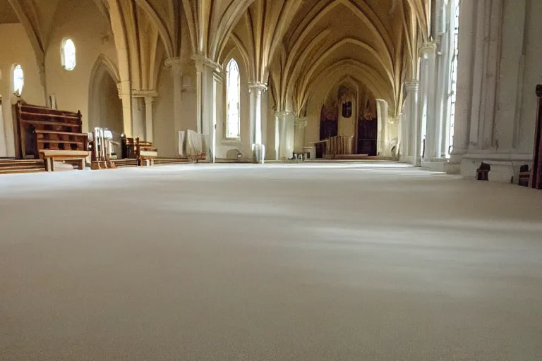 Prompt: low quality photo inside a church but the floor is melting into the universe