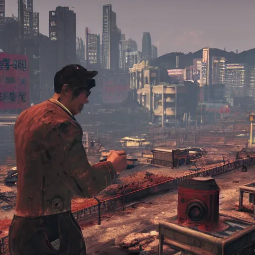 Prompt: Hong Kong in ruins post-nuclear war in Fallout 4, in game screenshot