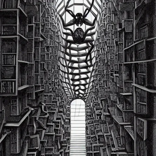 Image similar to a giant spider in a huge bright maze of many doorways and lots of stairs, many doorways, inside MC Escher architecture, artstation, Junji Ito, epic composition