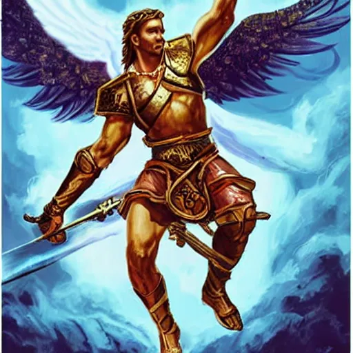 Prompt: biblically accurate angel, epic propaganda poster, holding a flaming sword, strength, health, confidence, in the style of magic the gathering cart art, hypermasculine, ancient soldier, flying in the sky