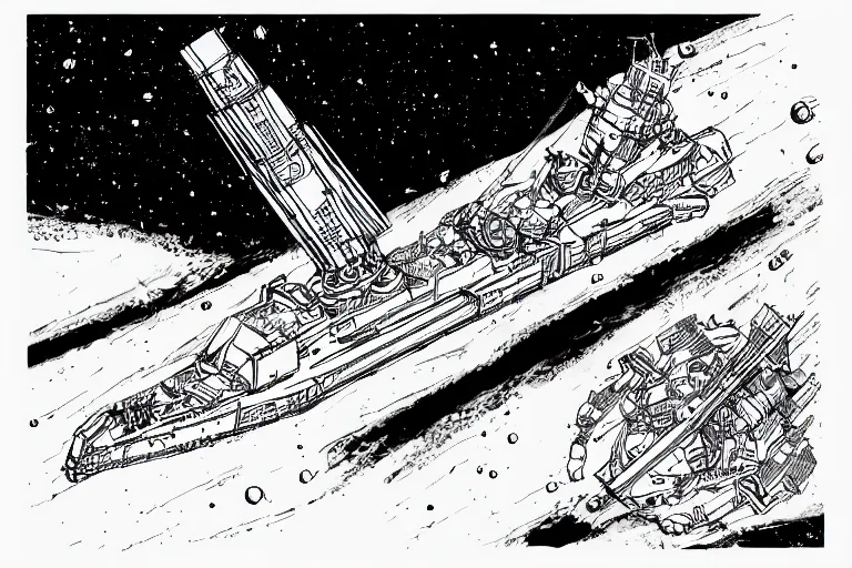 Image similar to space exploring battleship , beautiful line art, ink illustration, sketch, pure b&w