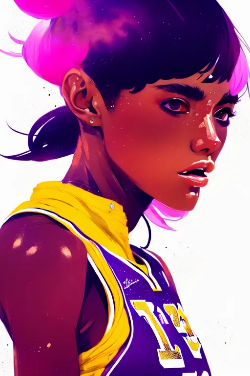 Image similar to a ultradetailed beautiful panting of a stylish girl in a los angeles lakers jersey, by conrad roset, greg rutkowski and makoto shinkai, trending on artstation