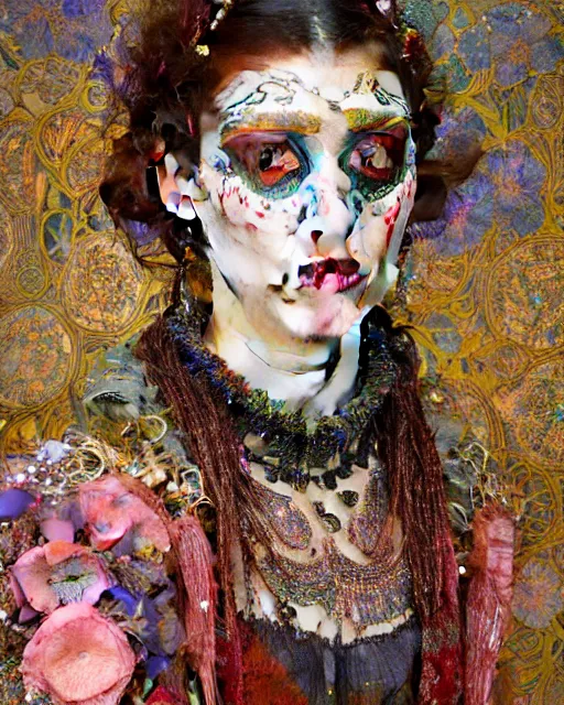 Image similar to a beautiful girl wearing colourful face paint surrounded by bright intricate patterns, by edgar maxence and caravaggio and michael whelan, intricate painting, hyper realistic, extremely detailed and beautiful aesthetic face, 8 k resolution