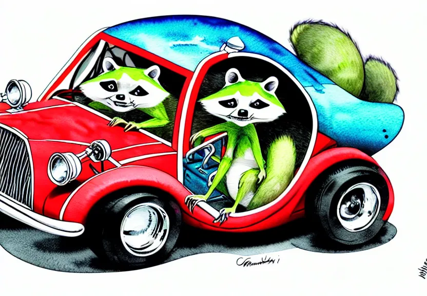 Image similar to cute and funny, racoon riding in a tiny hot rod coupe with oversized engine, ratfink style by ed roth, centered award winning watercolor pen illustration, isometric illustration by chihiro iwasaki, edited by range murata, third person view