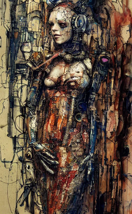 Image similar to woman wearing gown made of mech mask rendered in unreal engine, cyberpunk, rave, scifi, painted by albrecht durer | bernard buffet | carne griffiths | wlop