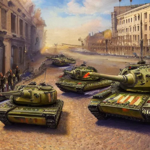 Image similar to army of the european union with tanks fighting on the streets of budapest 2 0 2 2, highly detailed oil painting