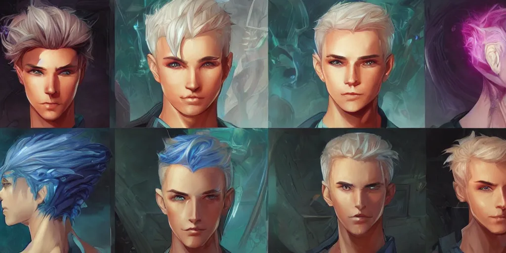 Prompt: concept art of young male netrunner d & d video game characters head designs, unique hair designs, by marc brunet and artgerm