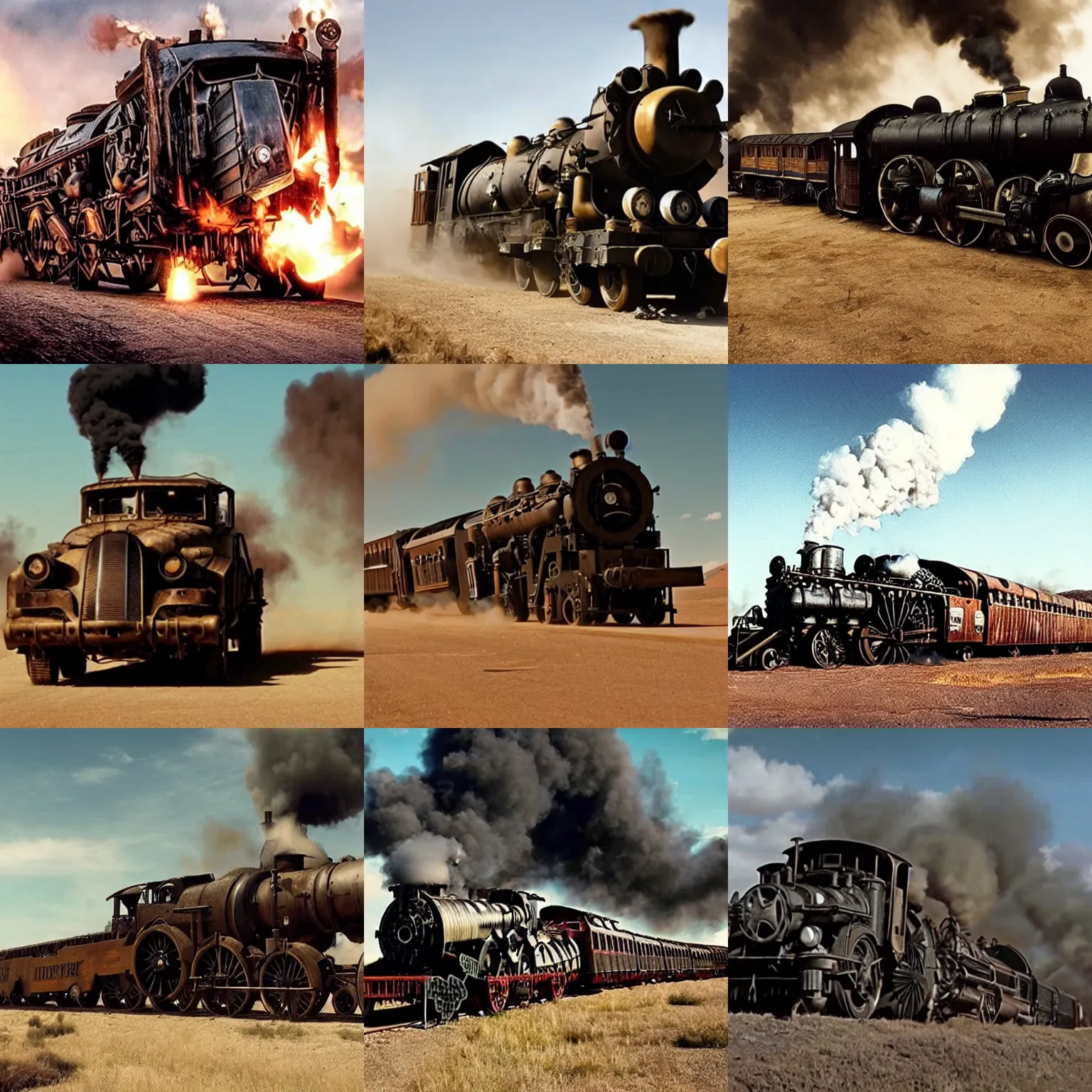 Prompt: A Mad Max style steam train, movie still from 'Mad Max'