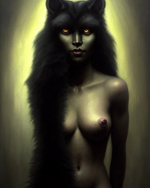 Image similar to a portrait of black furry shadow nightmare monster hybrid human in a background of deep shadows, illustration, dramatic lighting, soft details, painting oil on canvas, art nouveau, octane render, HDR, 4k, 8k, HD, by Edmund Blair Leighton, Brom, Charlie Bowater, trending on artstation, Tom Bagshaw, faces by otto Schmidt