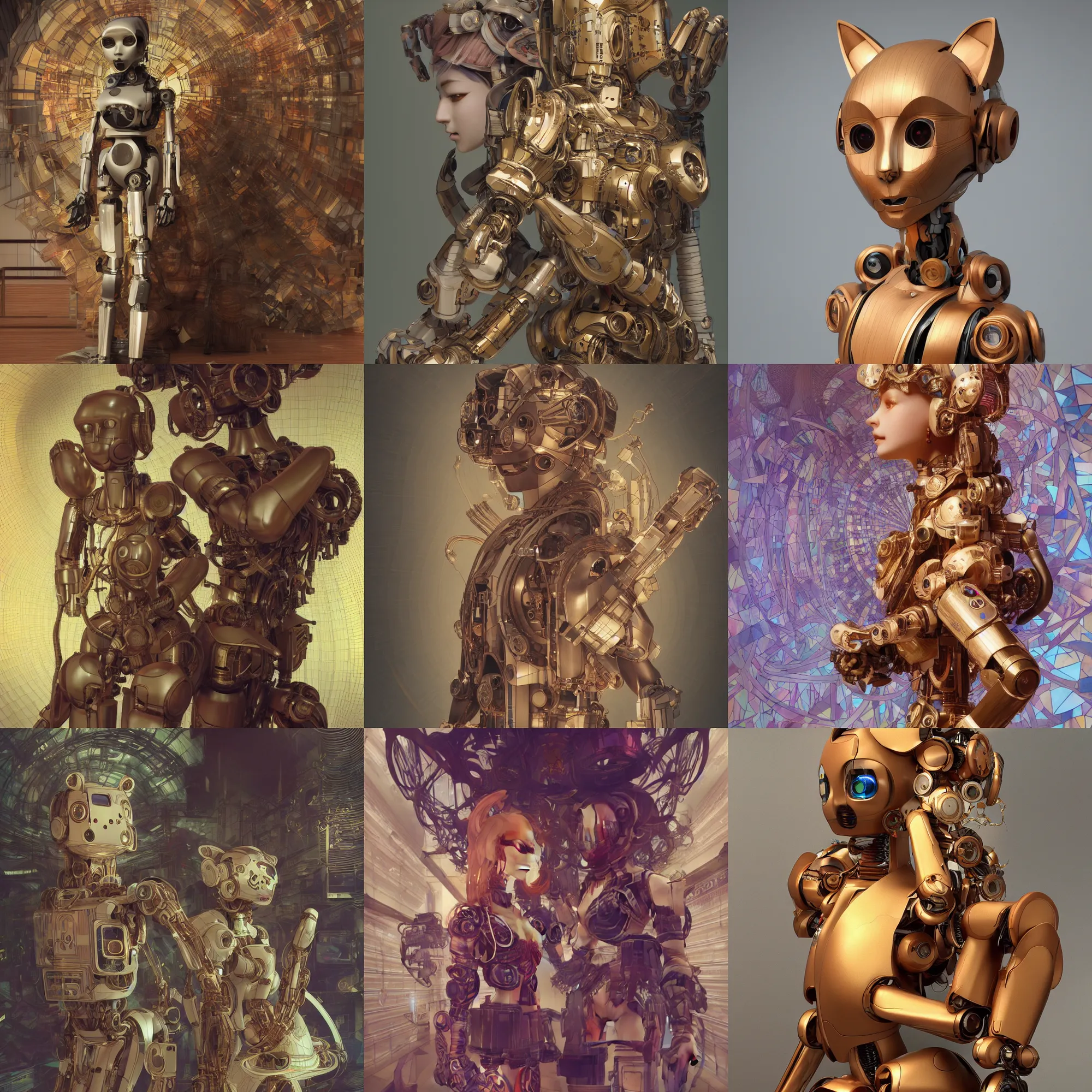 Prompt: 3 d octane render ultra photorealistic 8 k hyper detailed, a very very cute wooden statue robot of the anthropology cat ears cyberpunk cgsociety in a contemporary art gallery in neo tokyo artwork by alphonse mucha