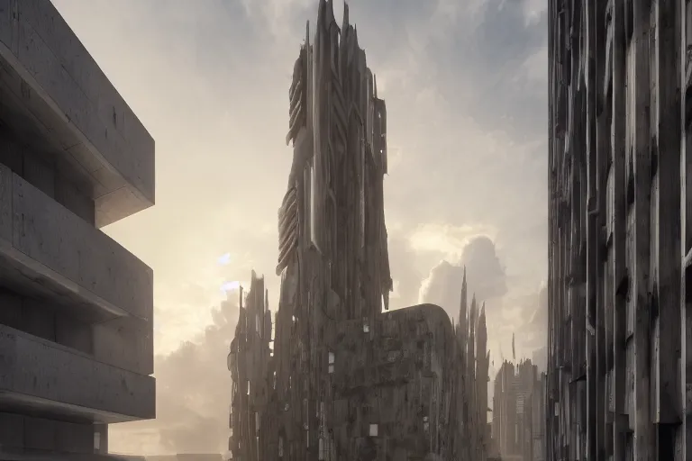 Image similar to streetscape, a towering cathedral of brutalist architecture, buildings covered with greebles, stunning volumetric light, sunset, metal, concrete and translucent material, stunning skies, majestic landscape, trending on Artstation, 8k, photorealistic, hyper detailed, unreal engine 5, IMAX quality, cinematic, epic lighting, in the style of Greg Rutkowski