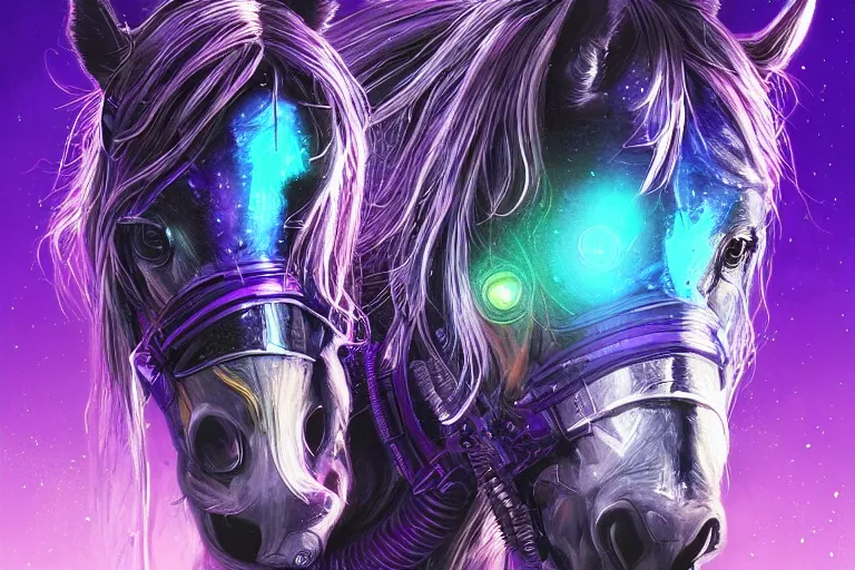 Image similar to a beautiful portrait of a cute cyberpunk horse with bioluminescent mane by sandra chevrier and greg rutkowski and wlop, purple blue color scheme, vaporware, retro, outrun, high key lighting, volumetric light, digital art, highly detailed, fine detail, intricate, ornate, complex, octane render, unreal engine, photorealistic
