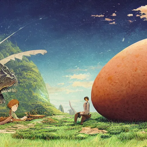 Image similar to Dinosaur Egg Omelette, fantasy art, illustration, natural, fantasy, art by Hayao Miyazaki, Makoto Shinkai