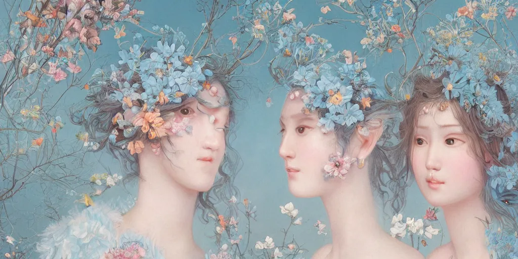 Image similar to breathtaking detailed concept art painting portrait of two goddess of light blue flowers by hsiao - ron cheng, carroty hair, orthodox saint, with anxious piercing eyes, vintage illustration pattern background with bizarre compositions blend of flowers and fruits and birds by beto val and john james audubon, exquisite detail, extremely moody lighting, 8 k