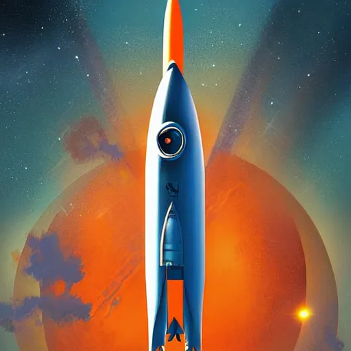 Prompt: Blue V2 rocket in space, tin tin, planet in the style of orange company, intricate, SCI-Fi, movie poster, high detail, digital art by raphael lacoste