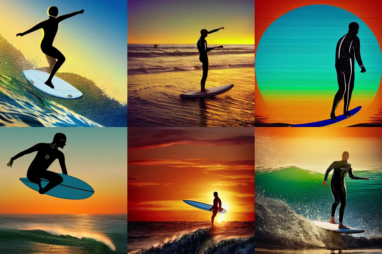 Prompt: a surfer in a wetsuit riding a wave on a surfboard at sunset in California, USA, digital art, Pixiv, Trending On Instagram, Behance Colored Background Stunning, golden hour, 2010