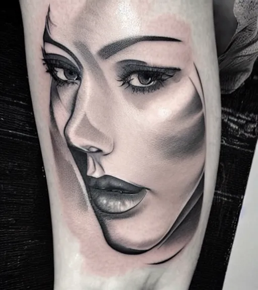 Image similar to tattoo design sketch of a beautiful woman face against a background of beautiful mountains and nature, hyper - realistic, in the style of den yakovlev, amazing detail, black and white