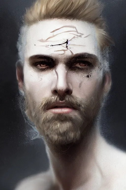 Image similar to blonde wild hair man with a little beard, one black eye - patch, plain white shirt, close - up portrait, powerfull, intricate, elegant, volumetric lighting, scenery, digital painting, highly detailed, artstation, sharp focus, illustration, concept art, ruan jia, steve mccurry