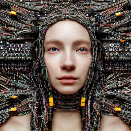 Prompt: tapping in to something greater, piles of modular synth cables, goddess swimming up wearing a headpiece made of circuit boards, by cameron gray, wlop, stanley kubrick, masamune, hideki anno, unique perspective, trending on artstation, 3 d render, vivid