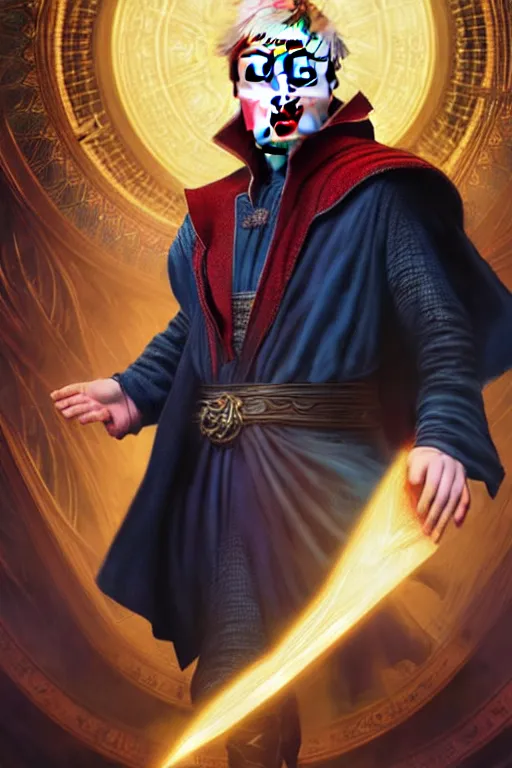 Prompt: Boris Johnson as Doctor Strange, portrait, Sanctum Sanctorum, highly detailed, digital painting, artstation, concept art, smooth, sharp focus, illustration, cinematic lighting, art by artgerm and greg rutkowski and alphonse mucha