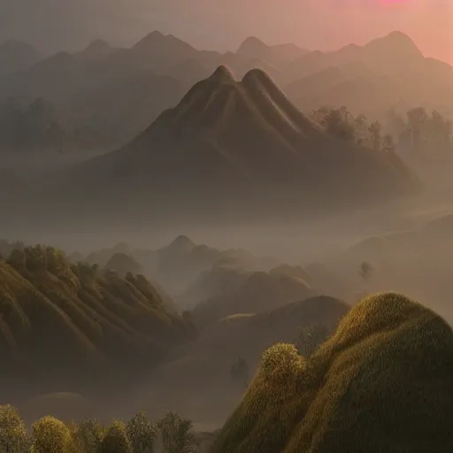 Prompt: ancient chinese village, villagers, landscapes river mountains, canola dawn fog forests, trending on artstation pinterest, arnold vray octane, 8 k, acipenser dabryanus