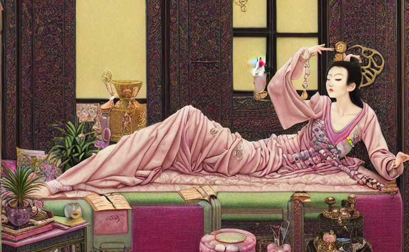 Prompt: a pastel drawing of a female wizard, ornate clothing, lounging on a purpur pillow on the marbled checkered floor in his study room reading an ancient tome. to the side is a potted plant, moody candlelit raytracing. ancient scifi fantasy setting. detailed face, sharp focus. by chie yoshii and mati klarwein