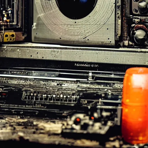 Prompt: closeup of augmented human repairing 1 9 8 0 s cassette deck, dark messy smoke - filled cluttered workshop, sparks, dark, dramatic lighting, orange tint, cinematic, highly detailed, sci - fi, futuristic, movie still from blade runner