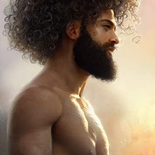 Prompt: beautiful, strong, mixed race, curly hair, beard, male, face, head shot, fantasy, highly detailed, digital painting, artstation, concept art, smooth, sharp focus, illustration, art by artgerm and greg rutkowski and alphonse mucha