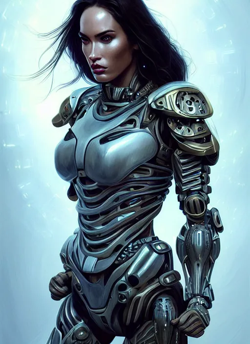 Prompt: portrait of a beautiful female soldier from the future wearing biomechanical armor, megan fox, carrying a rifle, intricate, elegant, glowing lights in armor, highly detailed, digital painting, artstation, glamor pose, concept art, smooth, sharp focus, illustration, epic angle, art by artgerm and greg rutkowski, artey freytag, alvin schwartz