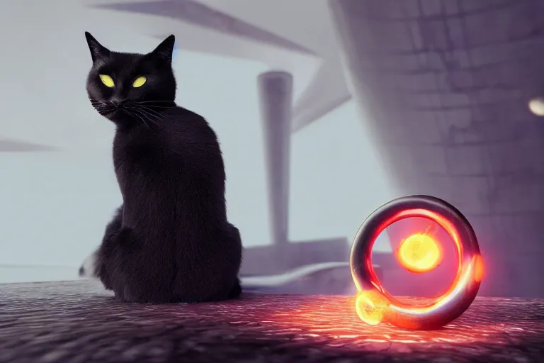 Image similar to black cat sitting next to an energy ringed portal, photorealistic, octane, Unreal Engine, finalRender, concept art, digital illustration, artstation, artstation hq, hd, 4k resolution