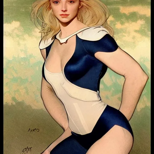 Prompt: a beautiful portrait of a beautiful strong cute young superhero woman, shoulder - length blonde hair, tight solid matte navy blue lycra bodysuit, white cape, body, muscles, intricate, elegant, 8 k, highly detailed, digital painting, concept art, smooth, sharp focus, illustration, by artgerm greg rutkowski alphonse mucha loish wlop