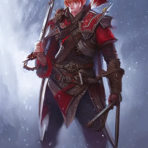 Prompt: D&D portrait male half elf artificer with red hair, wearing a white coat and half-plate armor, carrying a crossbow, artstation, digital illustration by Chris Rallis