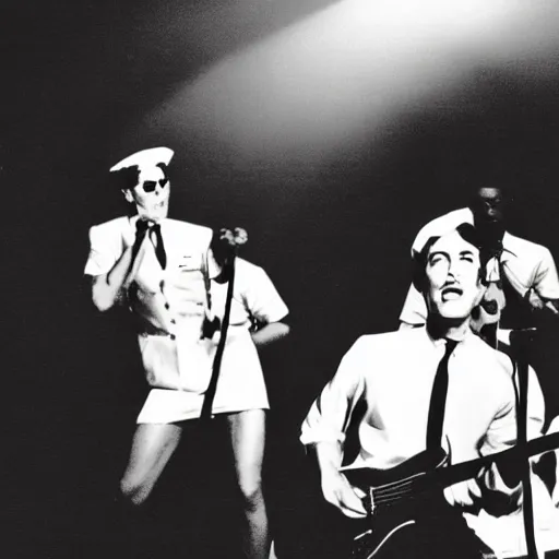 Image similar to still from a 1 9 6 0 s concert film, a group of 4 men dressed in peppermint themed sailor outfits play a rock concert, moody lighting, viewed from afar, cinematic shot