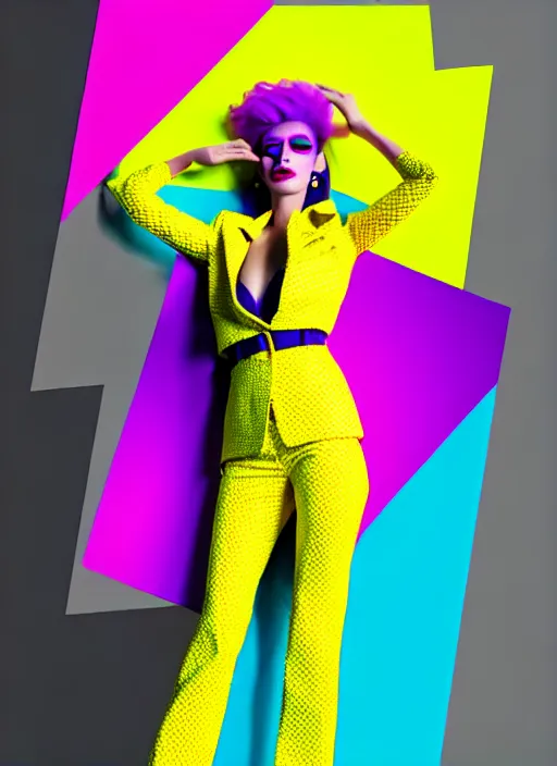 Image similar to bright trouser suit for a rave, bright colors, prints, photo for a magazine, photo for a store, fashion photography, Vogue, 135 mm, cinematic, hyper realism, high detail, 8k, Two models in the frame, dynamic pose,Smooth skin, perfect face