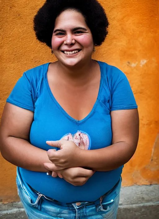 Image similar to Mid-shot portrait of a beautiful, chubby, 30-year-old woman from Cuba, smiling, candid street portrait in the style of Martin Schoeller, award winning, Sony a7R