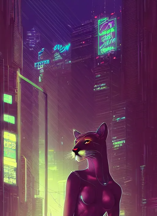 Image similar to beautiful portrait commission of a female furry anthro mountain lion wearing casual clothes. Cyberpunk city at night in the rain. Neon light. Atmospheric. Character design by charlie bowater, ross tran, artgerm, and makoto shinkai, detailed, inked, western comic book art