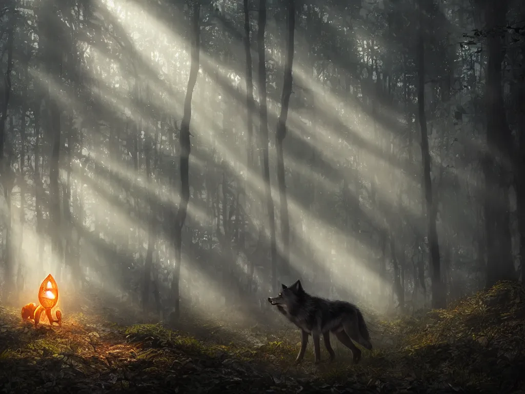 Prompt: a wolf with a space lantern on its mouth travelling through a dark, gloomy forest, zaba style, cinematic, sunbeams, detailed, hq, trending on artstation, wide shot, dramatic lighting