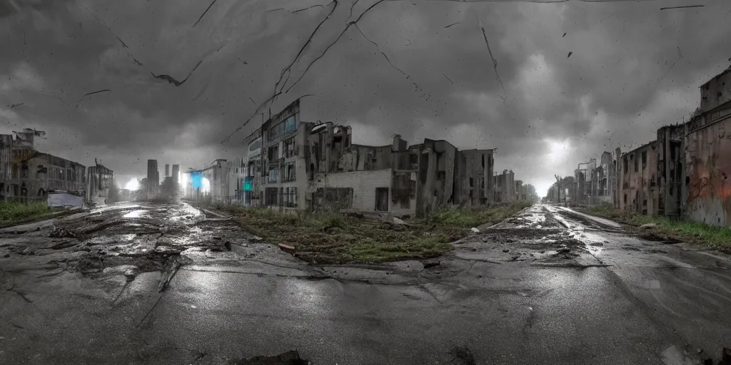 Image similar to dashcam footage of abandoned concrete street, decayed buildings on the side, rain, neon lights, slight lens glare