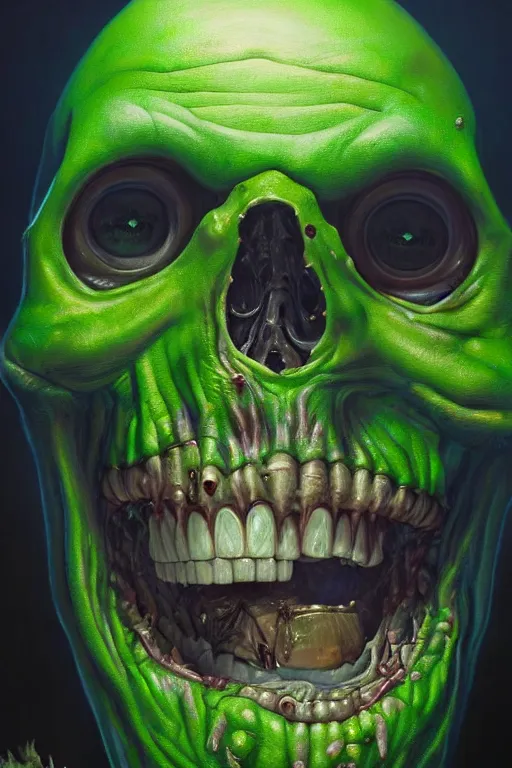 Image similar to a beautiful oil painting hyperrealism of a happy smiling zombie head, green bulging eyes, rotten green skin, grey beard, blue veins, skull bones, moody lighting, 8 k resolution, octane render, trending on artstation, by h. r. giger and greg rutkowski