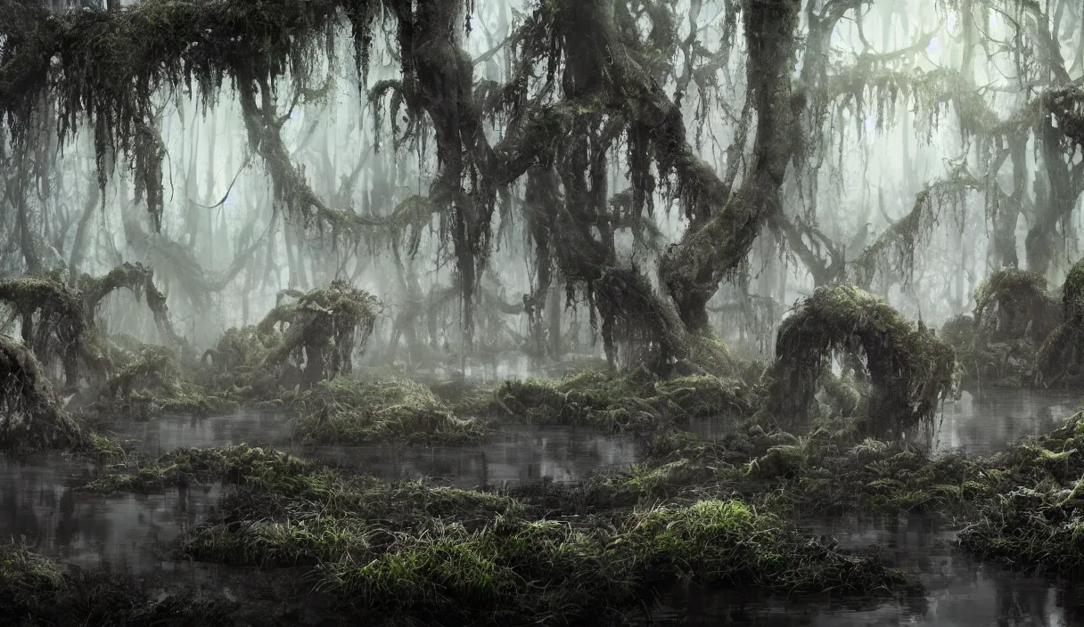 Prompt: monstrous hungry lush carnivorous plants growing from bubbling peat bog, murky water, reflections, contrasting light, attention to detail, dark and dramatic atmosphere, volumetric fog, raytracing, back light, raymarching, by ilm, by digital domain, by weta digital