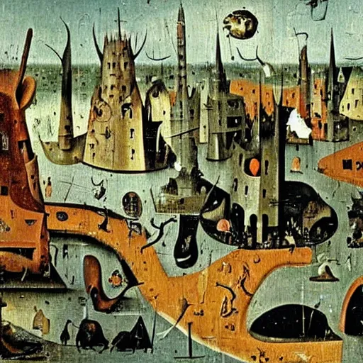 Image similar to oil painting by hieronymous bosch of a cat destroying a city.