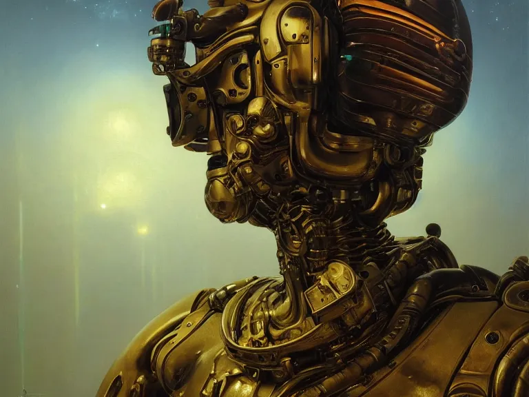 Image similar to a detailed profile oil painting of a polished humanoid robot with reflective visor, flight suit, portrait symmetrical and science fiction dieselpunk theme with aurora lighting by beksinski carl spitzweg and tuomas korpi. baroque elements, full-length view. baroque element. intricate artwork by caravaggio. Trending on artstation. 8k