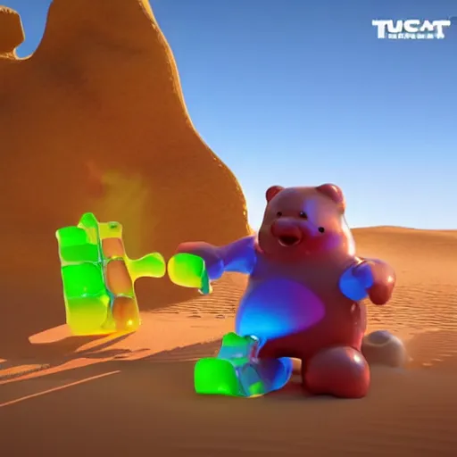 Image similar to promotional movie still the biggest frying pan in the world is in a desert. in the pan are life - size gummi bears that are melting. it's very sunny and very hot. the gummi bears are sweating. octane 3 d render, ue 5, cinematic, imax 7 0 mm, product lighting, dramatic lighting. concept art, ultrarealistic, very detailed.