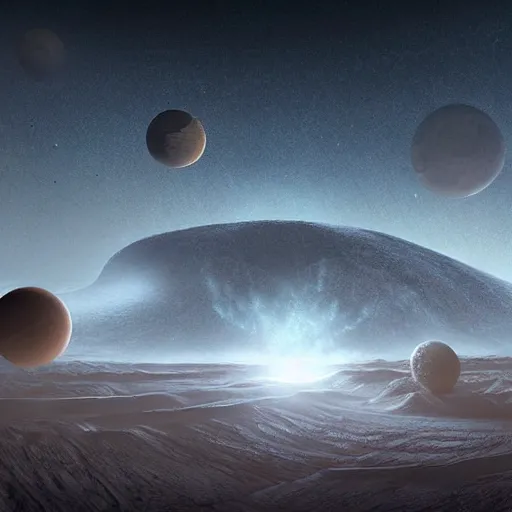 Image similar to large dust particles flying around seen from the surface of an alien planet crater, multiple moons in the sky, concept art, detailed futuristic matte painting