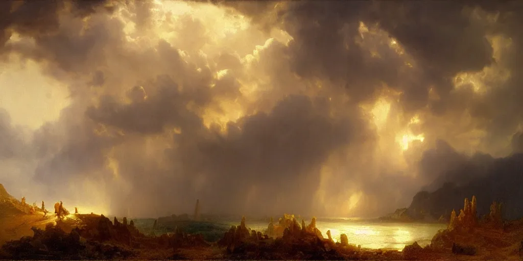 Prompt: a beautiful painting of epic skycape with thunder clouds and storm over a moody landscape by albert bierstadt and joseph zbukvic, moody color scheme, high detail, trending on artstation, orange : - 1, yellow : - 1