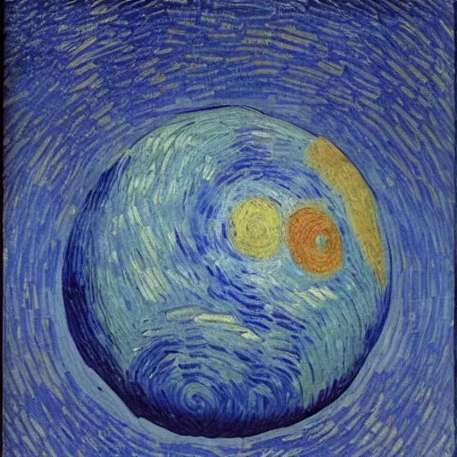 Prompt: big blue sphere in the middle of the desert, by vincent van gogh