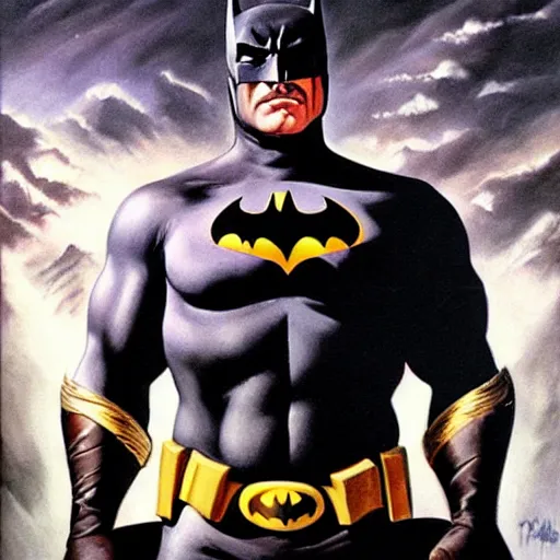 Image similar to ultra realistic portrait painting of tom selleck as batman, art by frank frazetta, 4 k, ultra realistic, highly detailed, epic lighting