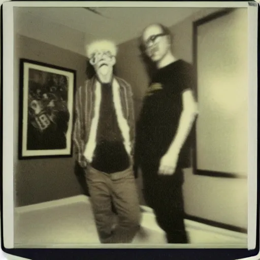 Prompt: a found polaroid photo of punk trash humpers in the backrooms