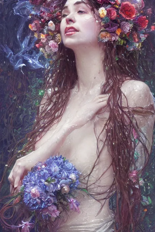 Image similar to portrait of a beautiful mysterious drenched woman holding a bouquet of flowing flowers, drenched clothing, wet dripping long hair, hands hidden under the bouquet, emerging from the water, fantasy, regal, intricate, by stanley artgerm lau, greg rutkowski, thomas kindkade, alphonse mucha, loish, norman rockwell