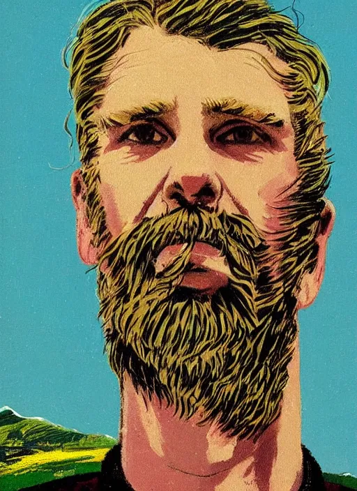 Image similar to an extreme close - up portrait of a man and his brother in a scenic representation of mother nature and the meaning of life by billy childish, thick visible brush strokes, shadowy painting by beal gifford, vintage postcard illustration, minimalist cover art by mitchell hooks